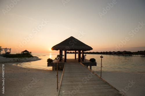 Tropical Sunset Gazebo Over Water Bungalow Landscape