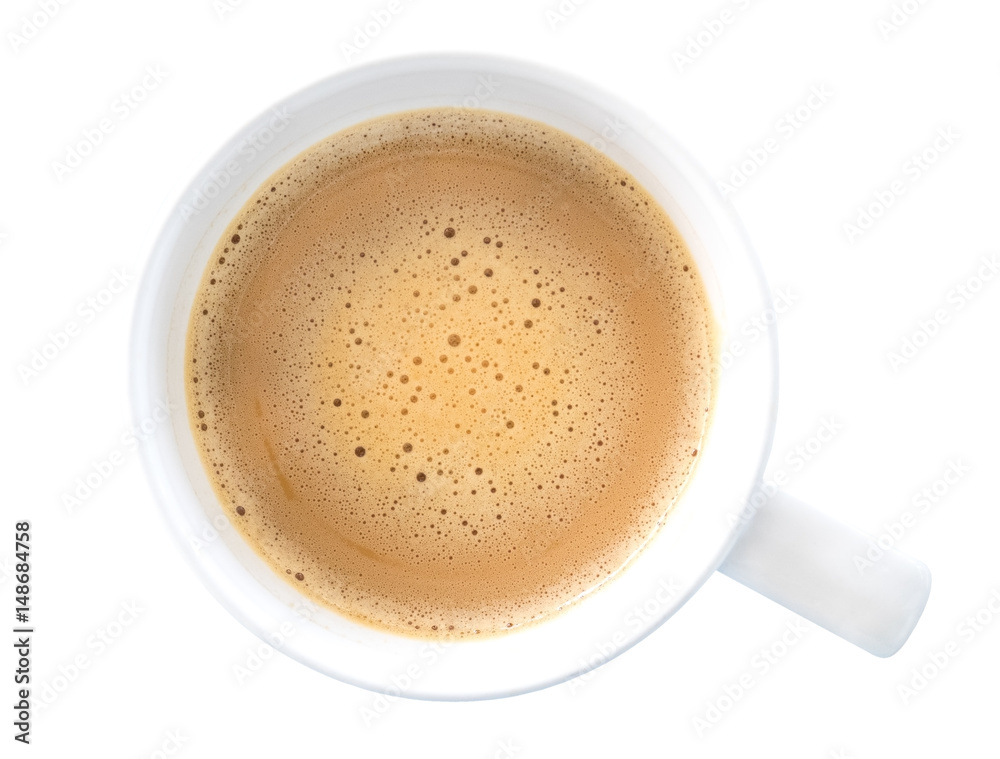 Top view hot coffee latte cappuccino isolated on white background, clipping path included Top view hot coffee latte cappuccino isolated on white background, clipping path included