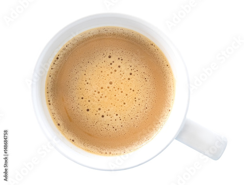 Top view hot coffee latte cappuccino isolated on white background, clipping path included