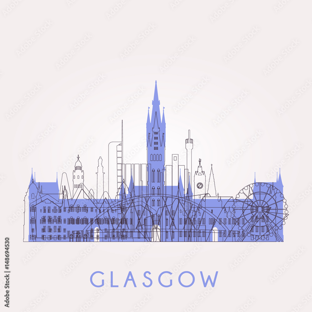 Outline Glasgow skyline with landmarks. 