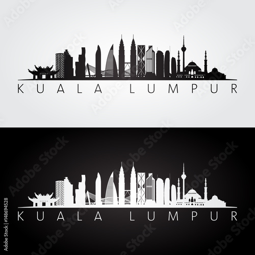 Kuala Lumpur skyline and landmarks silhouette, black and white design.