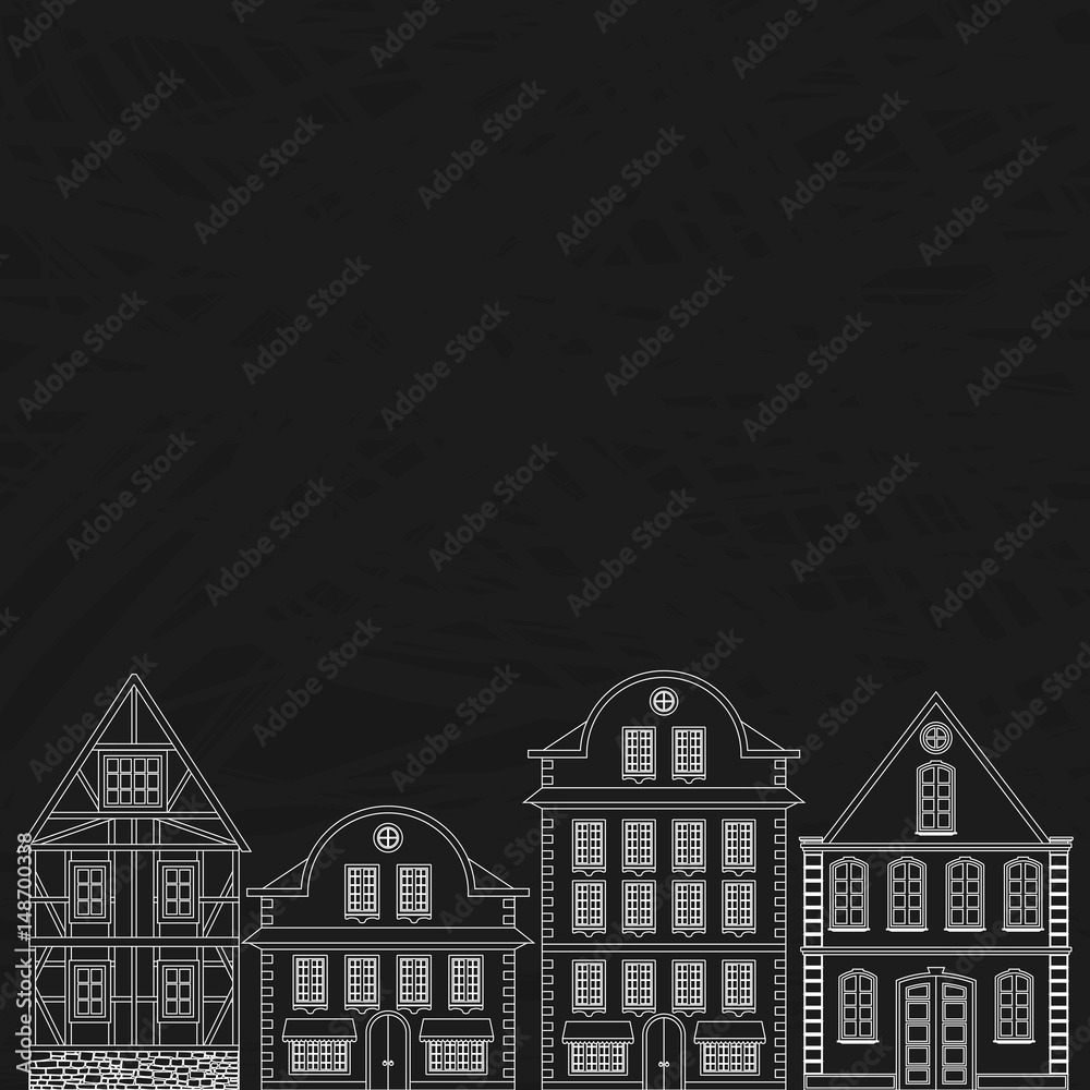 Old european town houses. Outline drawing on black textured background