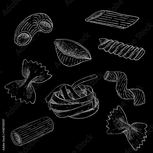 Pasta mix. Hand drawn sketch on black background