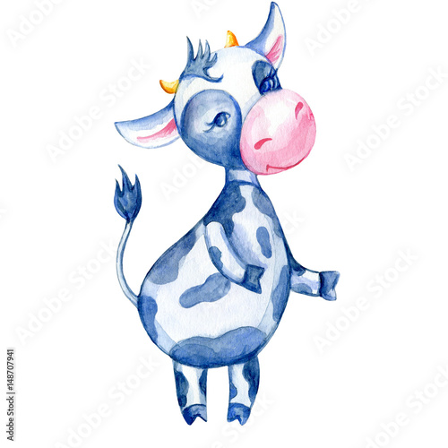 Watercolor calf, hand drawn kid cartoon animal, domestic cute cow running isolated on white background, Character design for greeting card, children invitation, packaging product, creation of alphabet photo