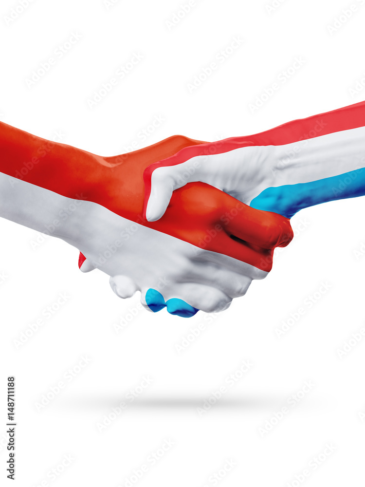 Flags Monaco, Luxembourg countries, partnership friendship handshake concept. Flags Monaco, Luxembourg countries, partnership friendship handshake concept.