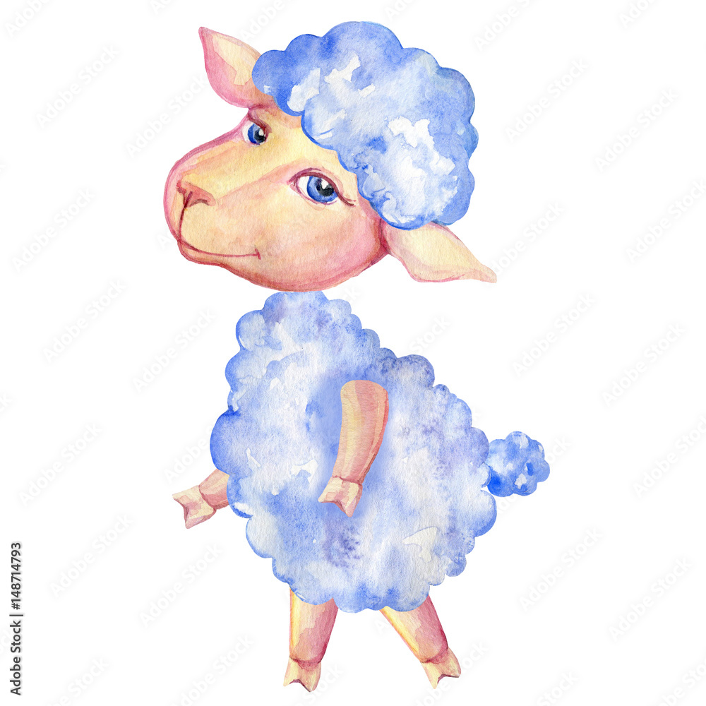 Watercolor lamb hand drawn kid cartoon animal, domestic cute ship standing  isolated on white background, Character design for greeting card, children  invitations, creation of zoo alphabet, baby shower Stock Photo | Adobe