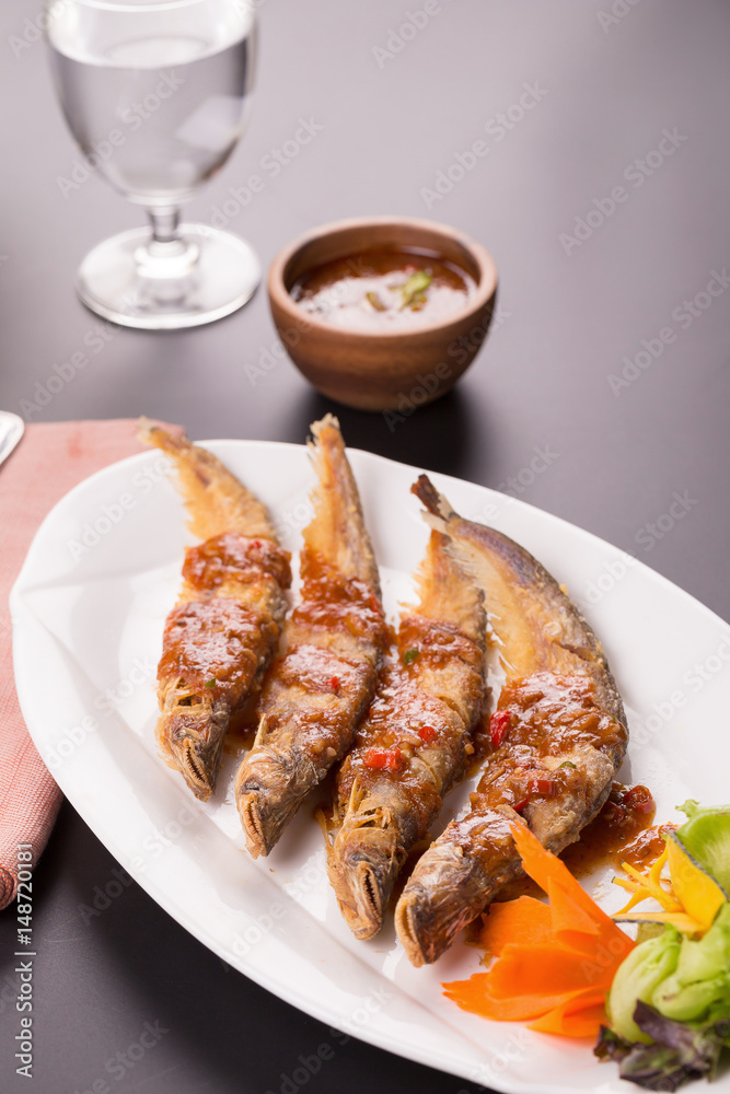 Fried Whisker sheat fish with chili sauce
