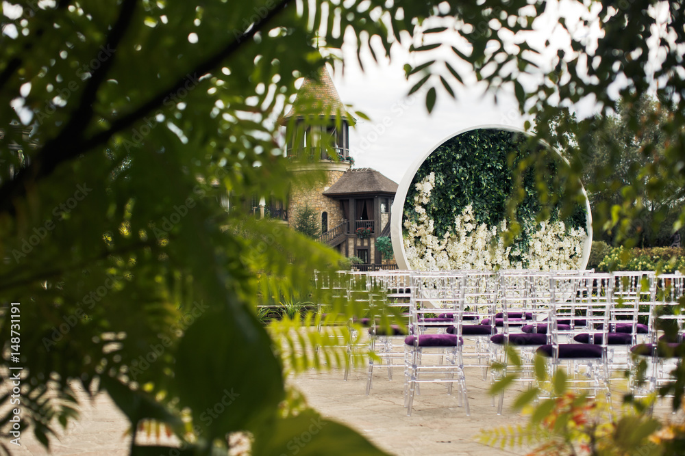 Look from behind the trees at violet chairs standing before wedding altar