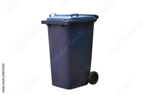 Old blue bins with lids to prevent insect or animal paws and a wheel , isolated on white background with clipping path.