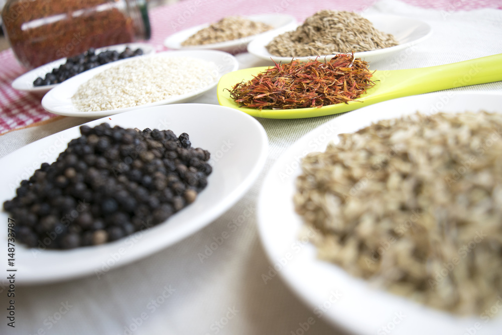 variety of spices with saffron in pistils variety of spices with saffron in pistils