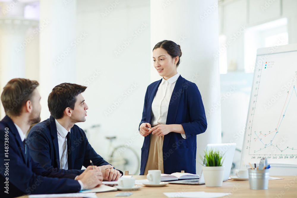 Businesswoman explaining financial data while teaching managers Businesswoman explaining financial data while teaching managers
