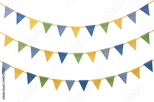 Bunting party flags made from scrapbook paper isolated on white background
