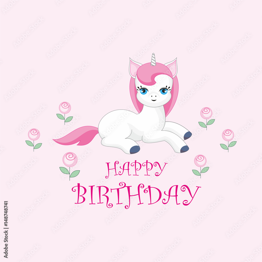 Happy birthday greeting card with the image of cute unicorn. Colorful vector illustration Happy birthday greeting card with the image of cute unicorn. Colorful vector illustration