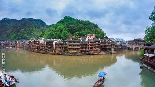 Fenghuang County Beautiful Ancient Town Of Hunan Province, China 4K Time Lapse (zoom in)