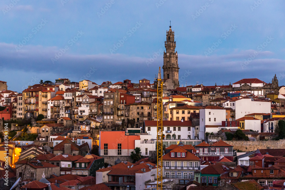 Cityscape of Porto, Portugal with famous Clerigos church tower
