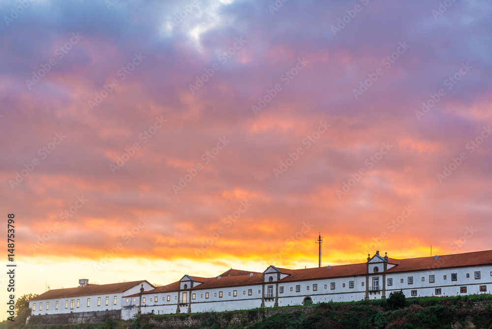 Sunrise over buildings of Monastery of Serra do Pilar Monastery in Vila Nova de Gaia, Portugal
