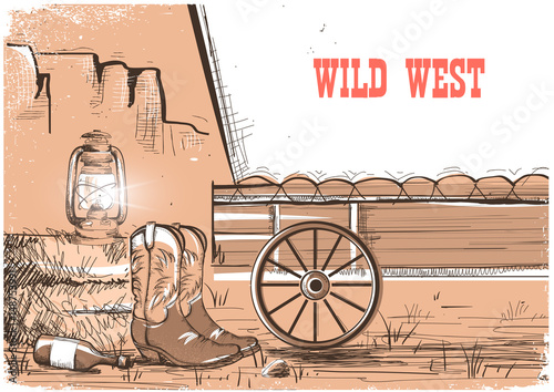  Wild west background with cowboy boots.Vector american prairies