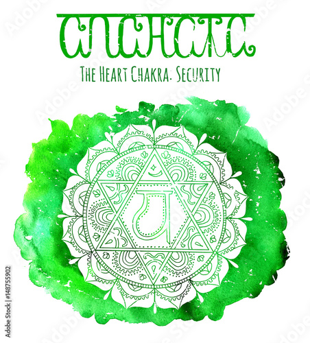 Hand drawn white heart chakra on watercolor background with lettering photo