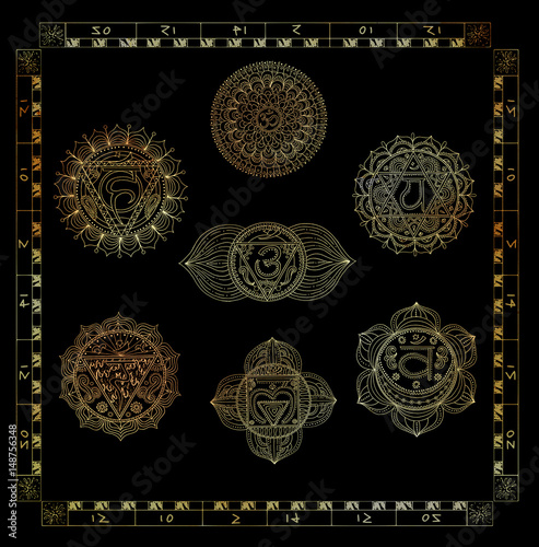 Collage set with gold sacral chakras of human body on black background