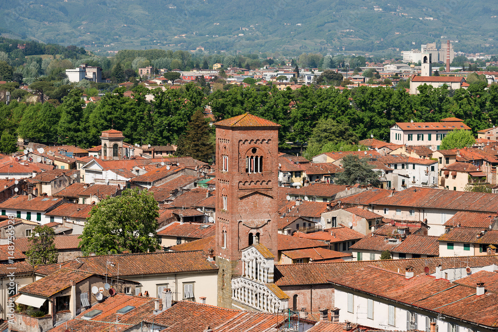 Aerial view of Lucca with the church of San Pietro Somaldi. Tuscany, Italy, Europe