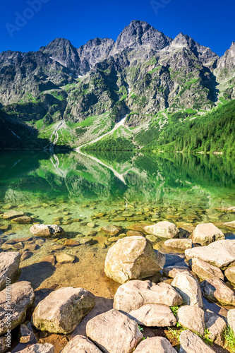 Lake in the mountains at sunrise in summer, Poland, Europe