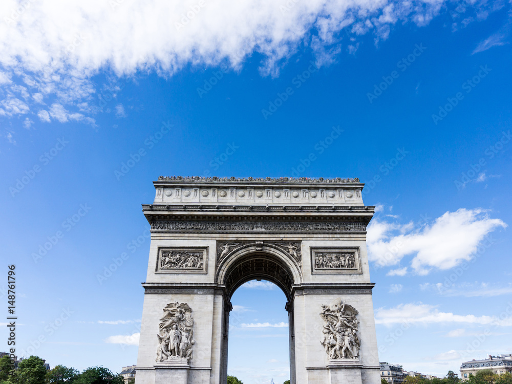 PARIS, FRANCE - August 28, 2016 : Arc de triomphe in Paris, one of the most famous monuments. August 28, 2016, Paris, France.