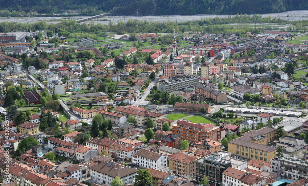 aerial view of town with many house