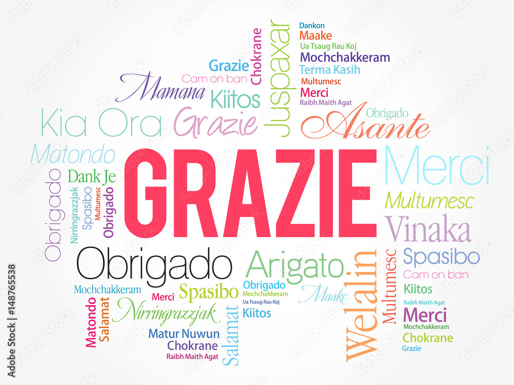 Fototapeta premium Grazie (Thank You in Italian) Word Cloud background, all languages, multilingual for education or thanksgiving day