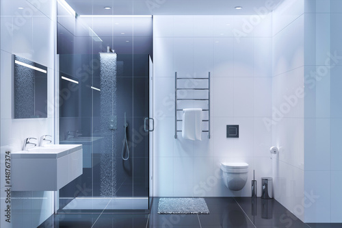 Black and white modern shower room in the evening