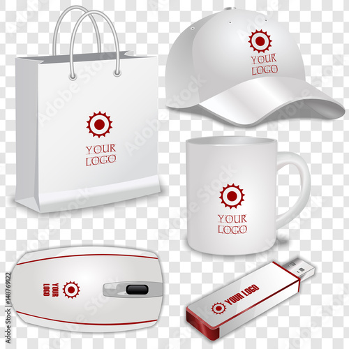 White Cup, USB flash drive, Computer mouse, Baseball Cap and Shopping Bag with place for your logotype, text or corporate identity details . Blank mock up with shadow isolated on 