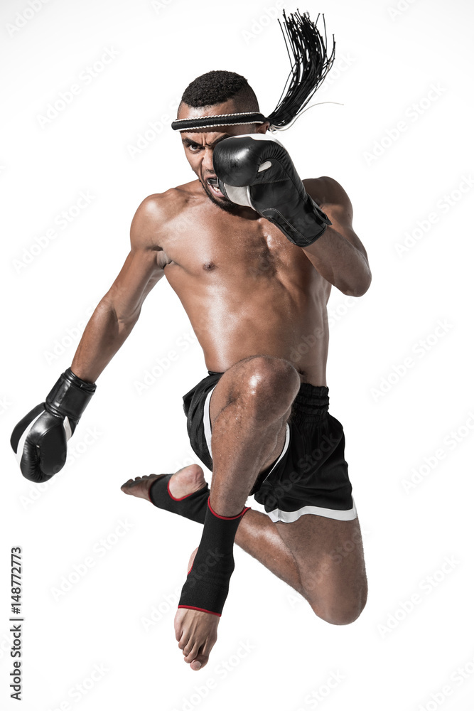 angry muay thai fighter training isolated on white, fight club concept
