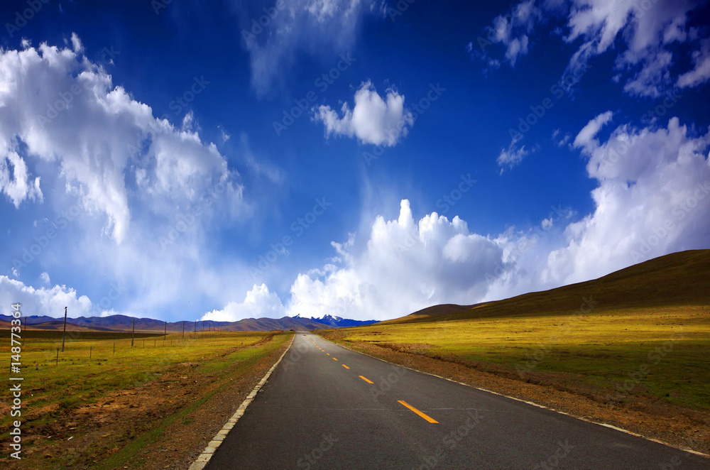 Winding road along the green meadows