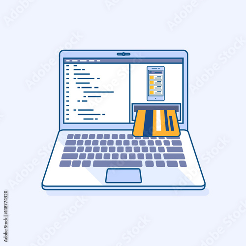 Flat line illustration of freelance mobile application income online work, laptop or notebook atm cash machine earnings in credit card, refill, check of balance. Digital eCommerce business concept