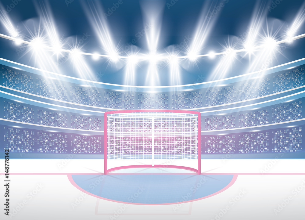 Obraz premium Ice Hockey Stadium with Spotlights and Red Goal.