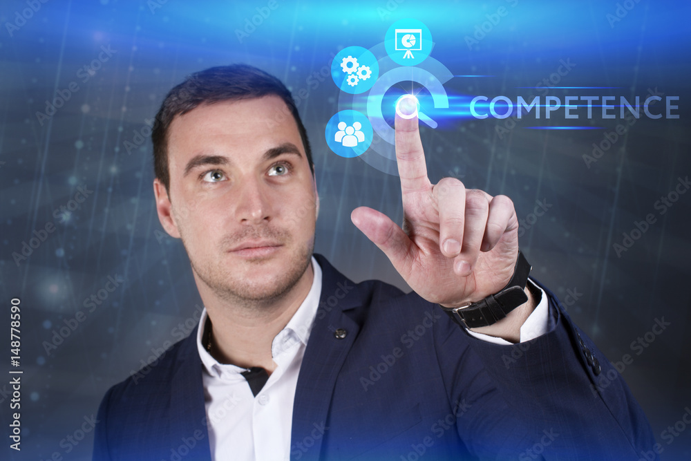 Business, Technology, Internet and network concept. Young businessman working on a virtual screen of the future and sees the inscription: Competence Business, Technology, Internet and network concept. Young businessman working on a virtual screen of the future and sees the inscription: Competence