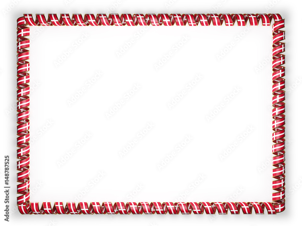 Frame and border of ribbon with the Denmark flag, edging from the golden rope. 3d illustration