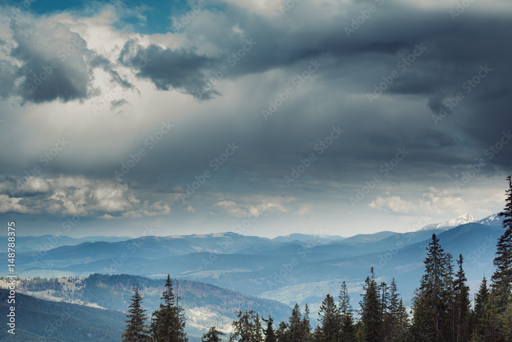 Beautiful cloudy sky in Carpatian Mountains