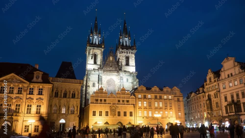 The amazing ancient Staromestske square, its Old Town Hall Tower as a time lapse shot in the evening in spring The amazing ancient Staromestske square, its Old Town Hall Tower as a time lapse shot in the evening in spring