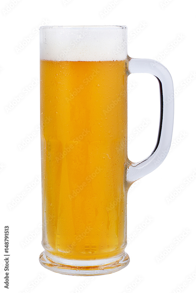 A beer mug of classic light beer. Refreshing light beer on a white background. Toby jug.