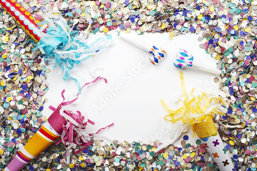 Background of confetti and over white background. Carnival, party, celebration. Copyspace.
