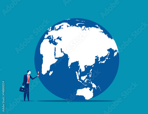 Searching. A businessman looking globe with magnifying. Concept business illustration. Vector.