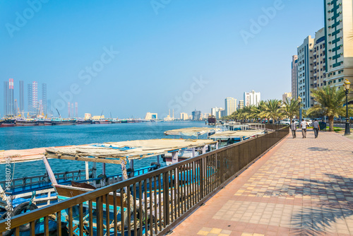 Wallpaper Mural view of riverside promenade in Sharjah with Al Maghfirah mosque at background, U