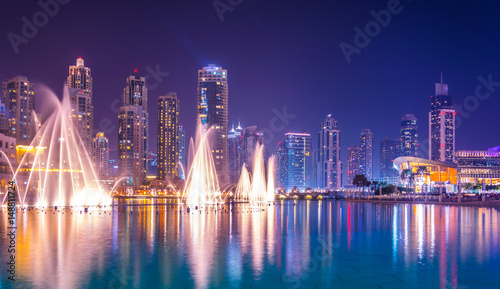 Photography The Burj Khalifa lake with dancing fountain of Dubai, UAE