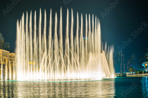 Photography The Burj Khalifa lake with dancing fountain of Dubai, UAE