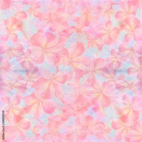 Flowers, leaves and buds of plumeria.Watercolor background. Abstract wallpaper with floral motifs. Seamless pattern. Wallpaper. Use printed materials, signs, posters, postcards, packaging.