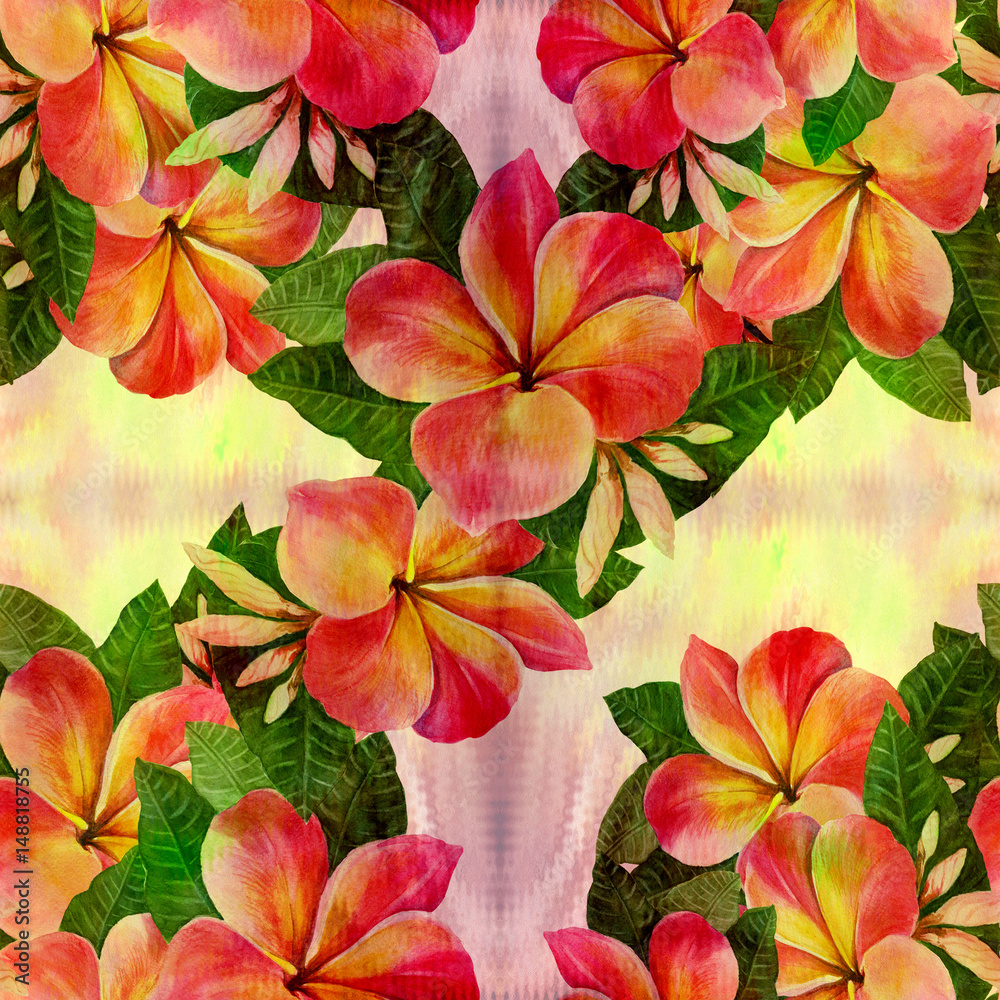 Flowers, leaves and buds of plumeria.Watercolor background. Abstract wallpaper with floral motifs.  Seamless pattern. Wallpaper.  Use printed materials, signs, posters, postcards, packaging.