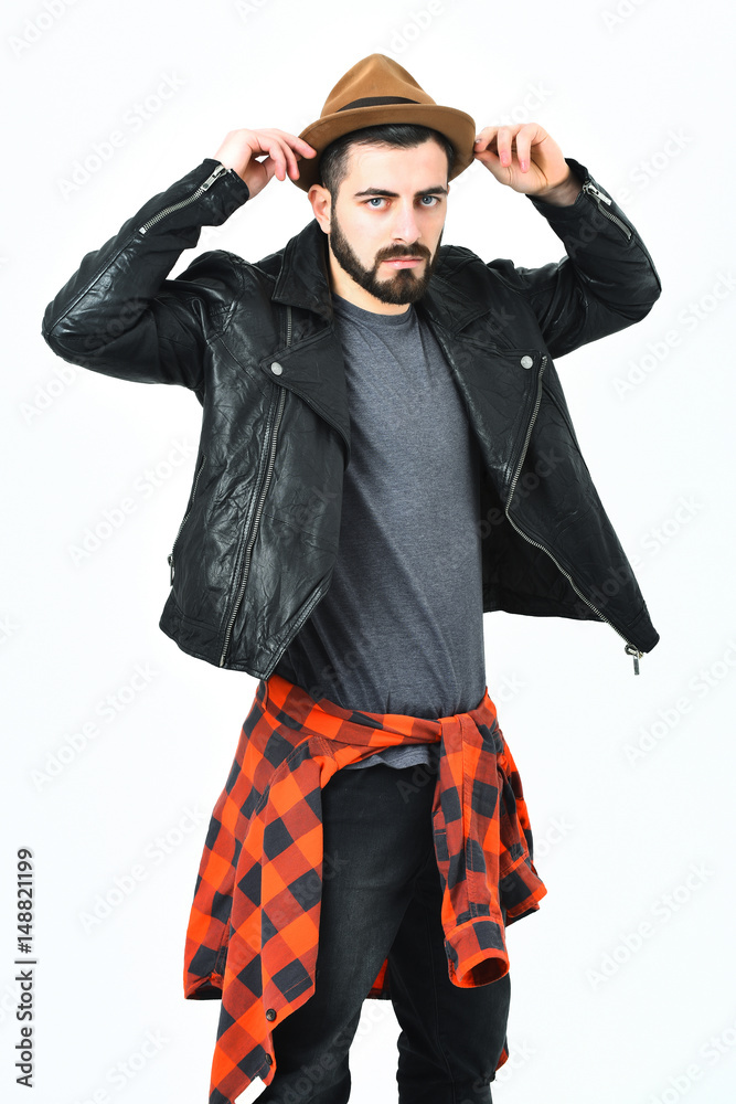 Bearded man, caucasian hipster with moustache and hat Bearded man, caucasian hipster with moustache and hat