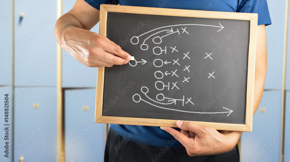 Naklejka premium hand of a american football coach drawing a tactics of football game with white chalk on blackboard at changing room
