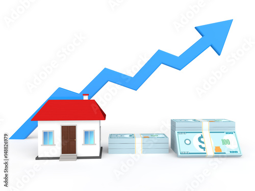 3d rendering of a house with rising arrow and stack of money