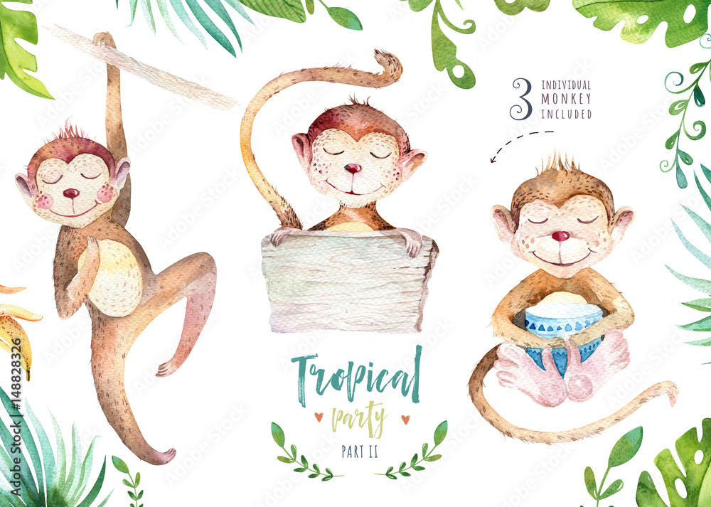 Fototapeta premium Hand drawn watercolor tropical plants set and monkey. Exotic palm leaves, jungle tree, brazil tropic botany elements and monkeys. Perfect for fabric design. Aloha set,